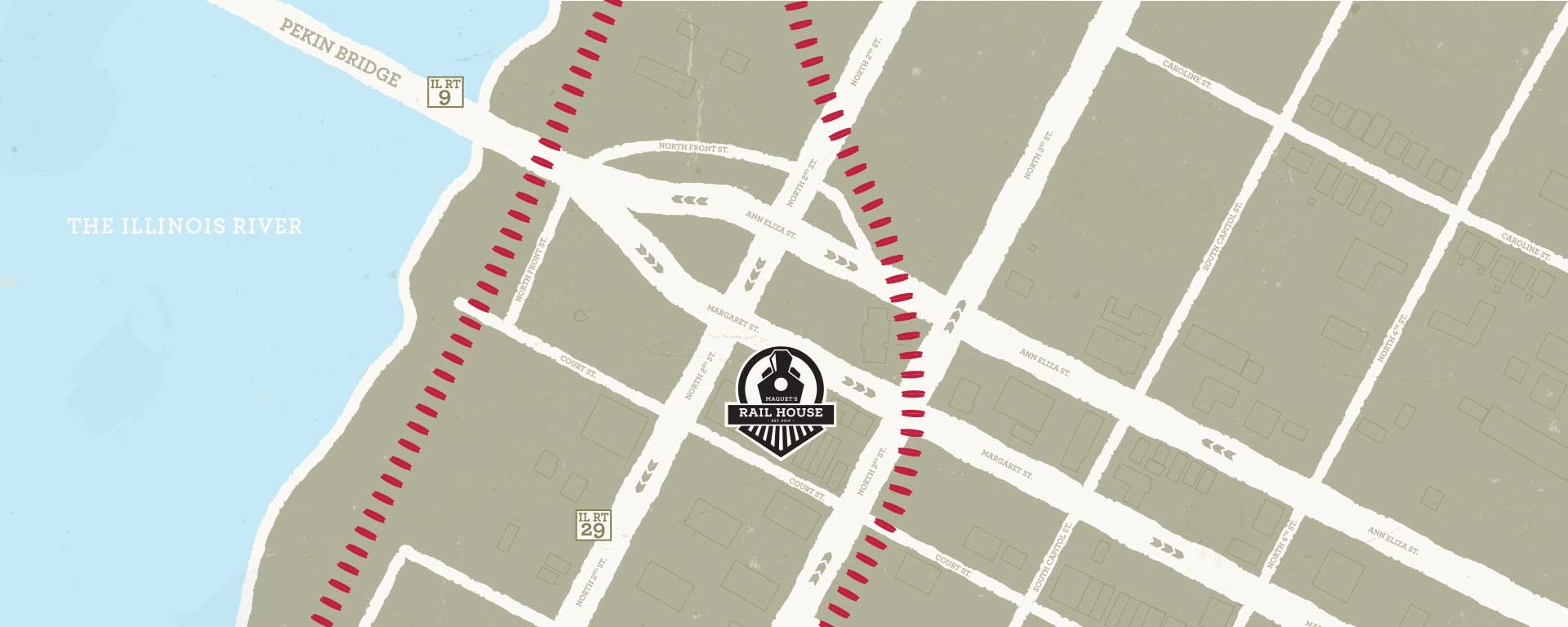 Map of Downtown Pekin showing location of Rail House